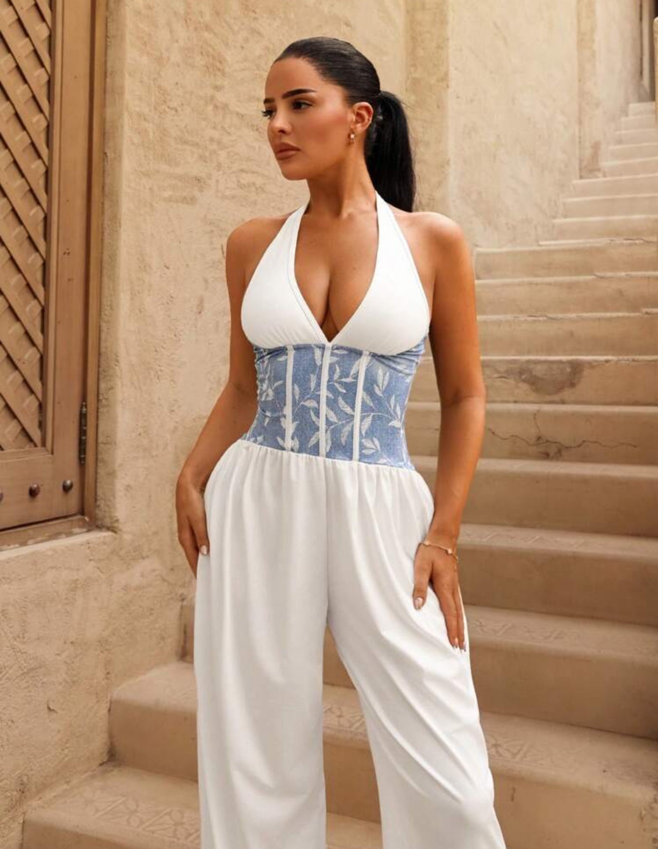 Combinaison femme imprimé feuille effet denim