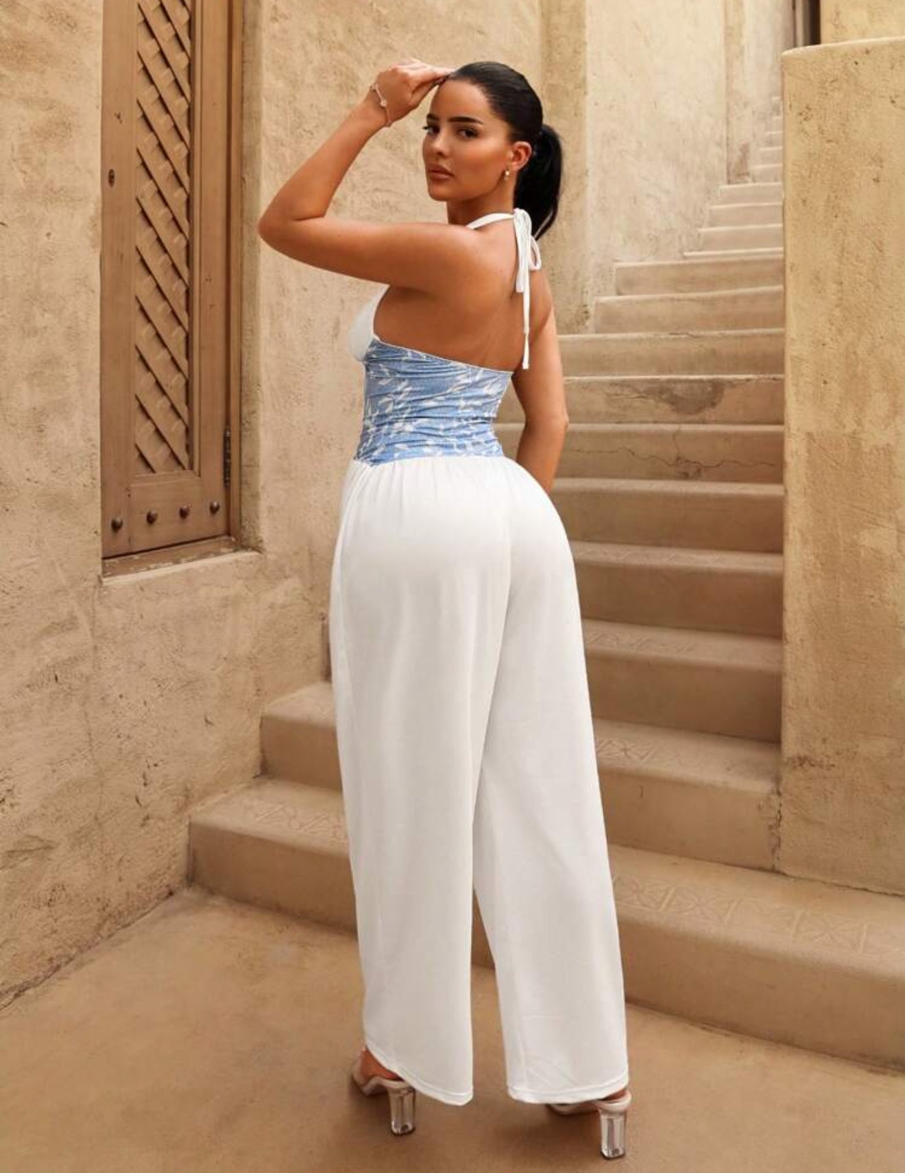 Combinaison femme imprimé feuille effet denim