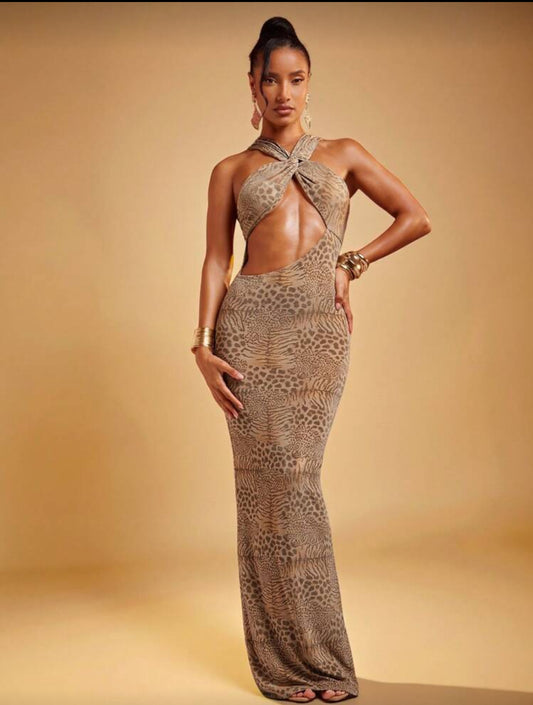 Hauture robe longue en maille de léopard